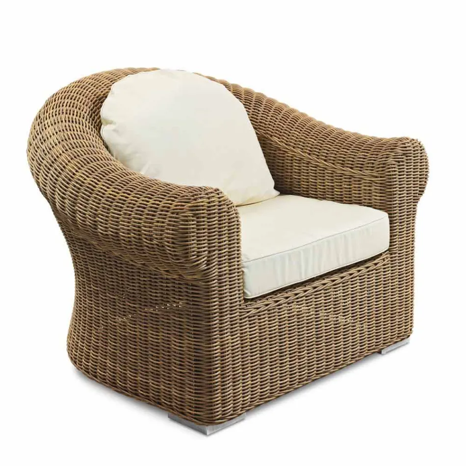 Fauteuil d'extérieur en rotin synthétique tissé et tissu blanc ou écru - Yves Viadurini