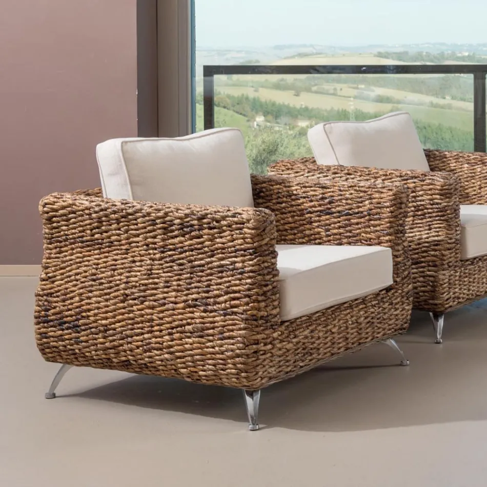 Fauteuil d'extérieur en tissage banane avec coussins - Legolas Viadurini