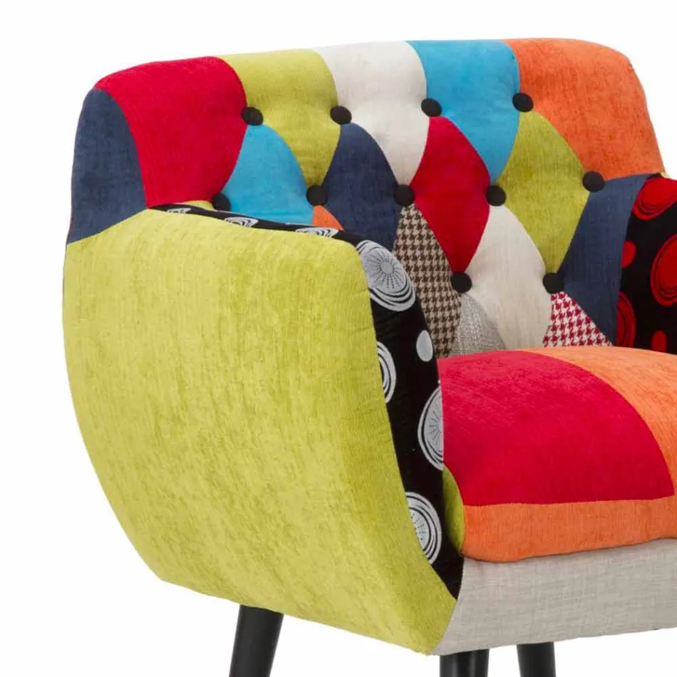 Fauteuil Patchwork Coloré Design Moderne en Tissu et Bois - Koria Viadurini