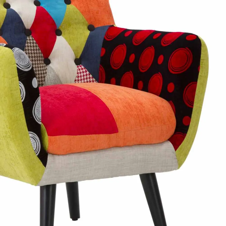 Fauteuil Patchwork Coloré Design Moderne en Tissu et Bois - Koria Viadurini