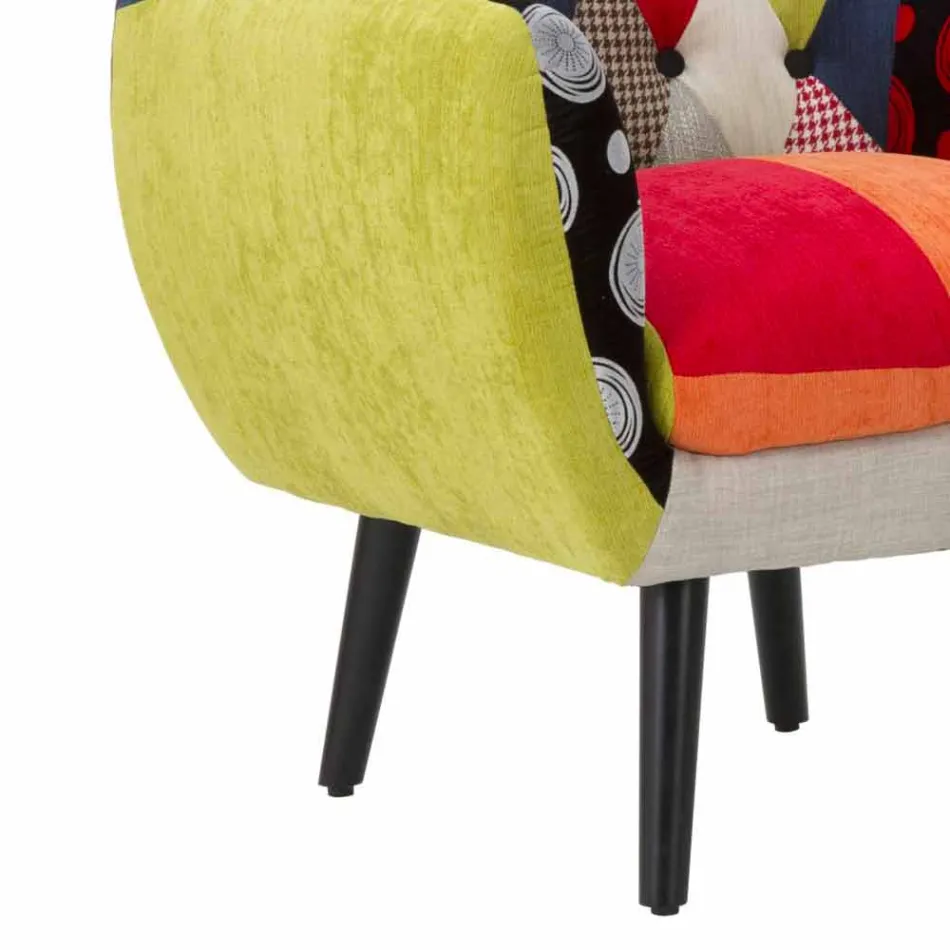 Fauteuil Patchwork Coloré Design Moderne en Tissu et Bois - Koria Viadurini