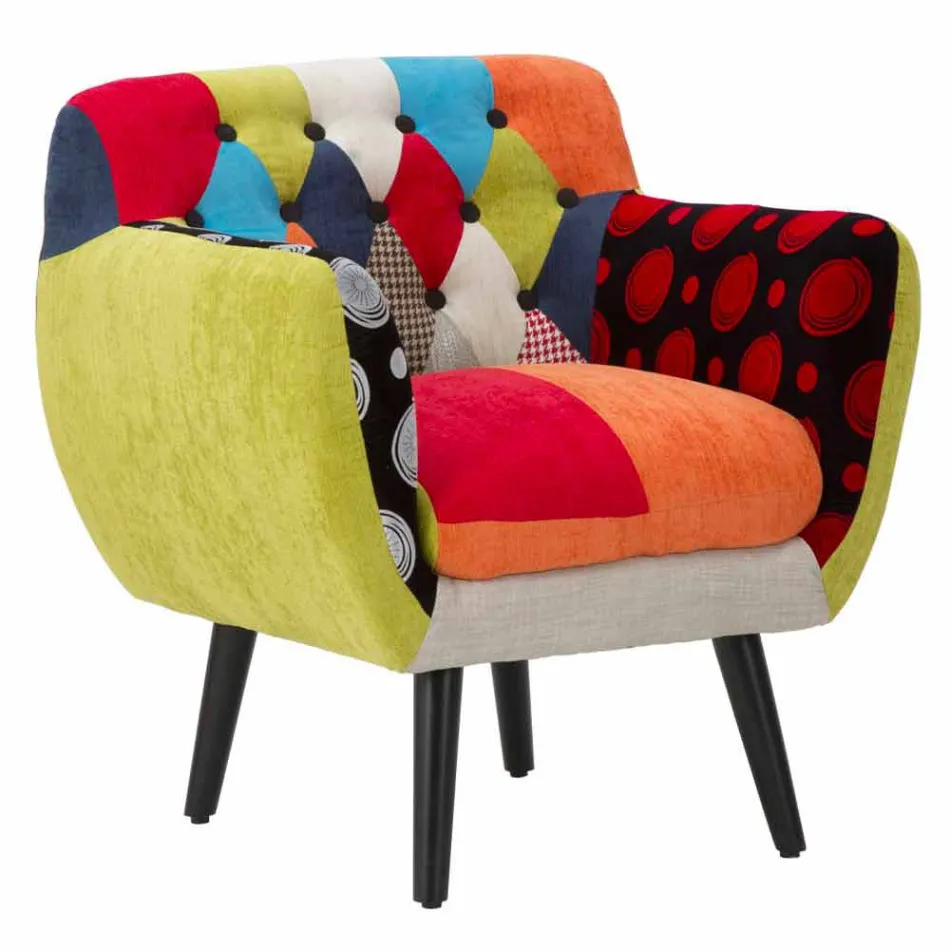 Fauteuil Patchwork Coloré Design Moderne en Tissu et Bois - Koria Viadurini