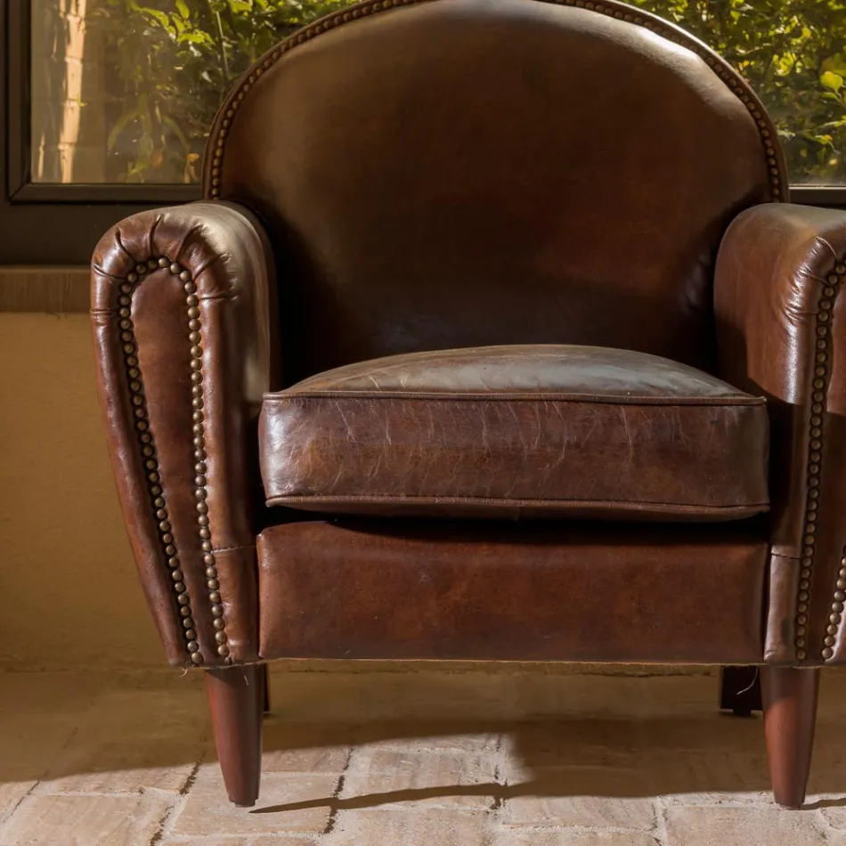 Fauteuil d'intérieur en cuir vintage effet vieilli marron foncé - Stamp Viadurini
