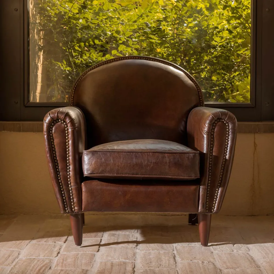 Fauteuil d'intérieur en cuir vintage effet vieilli marron foncé - Stamp Viadurini