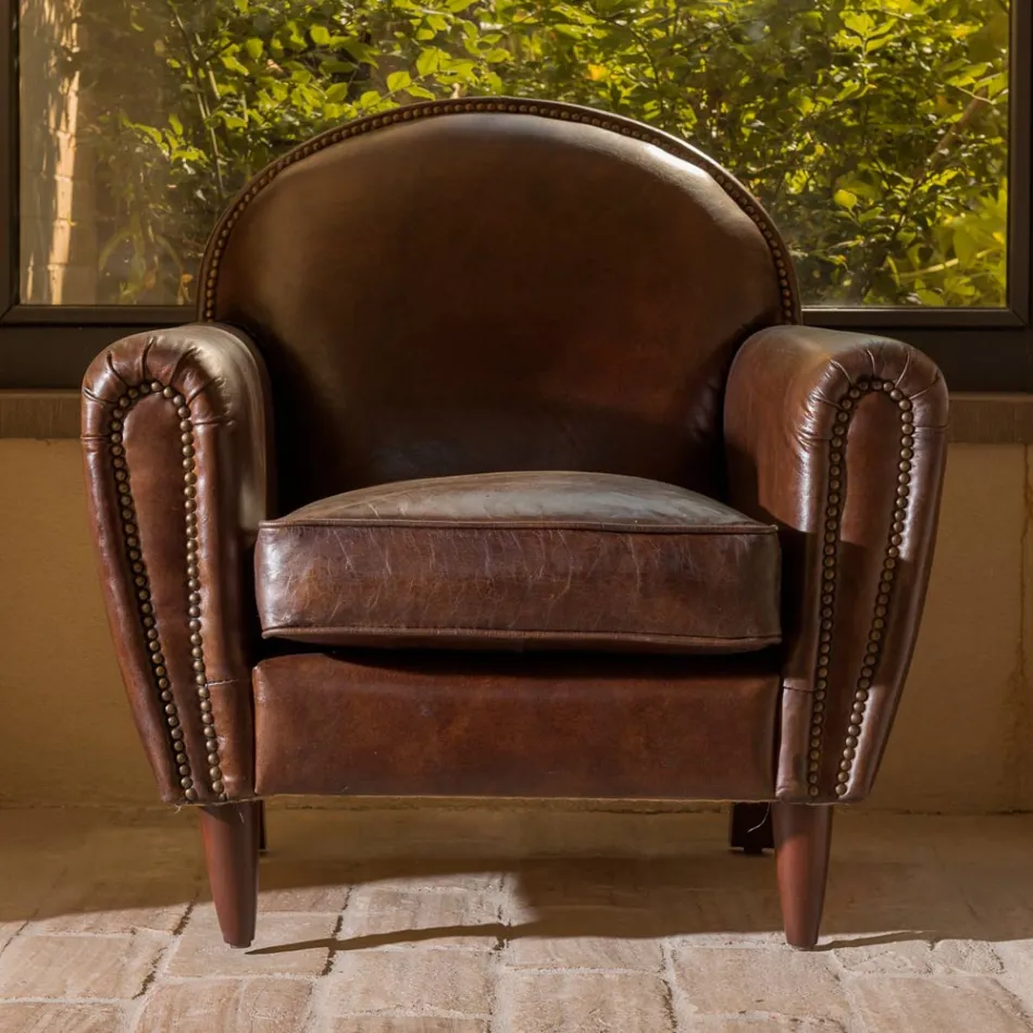 Fauteuil d'intérieur en cuir vintage effet vieilli marron foncé - Stamp Viadurini