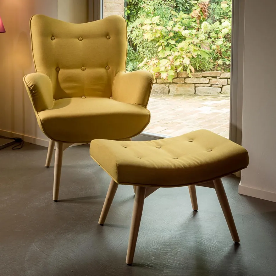 Fauteuil et pouf en bois et tissu mélangé coton - Ailano Viadurini