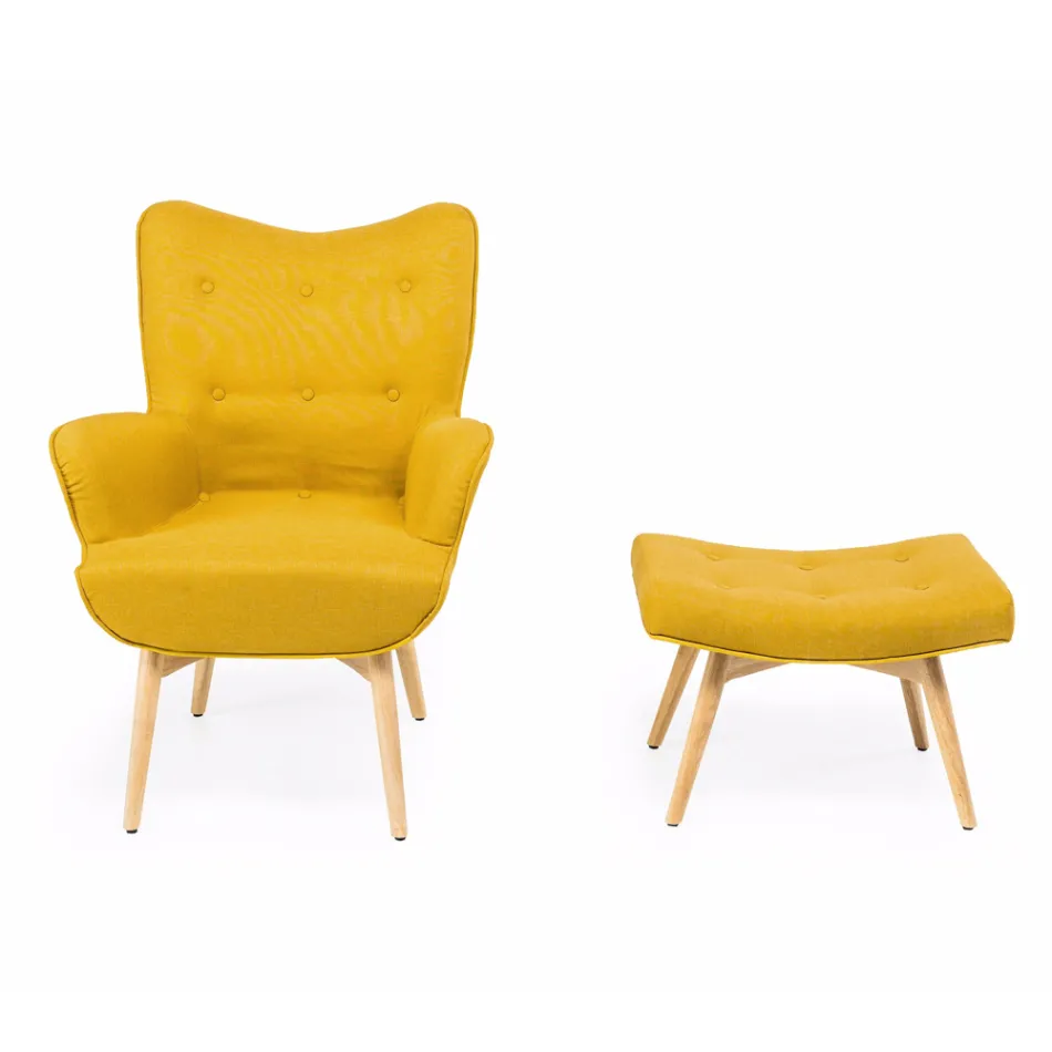 Fauteuil et pouf en bois et tissu mélangé coton - Ailano Viadurini