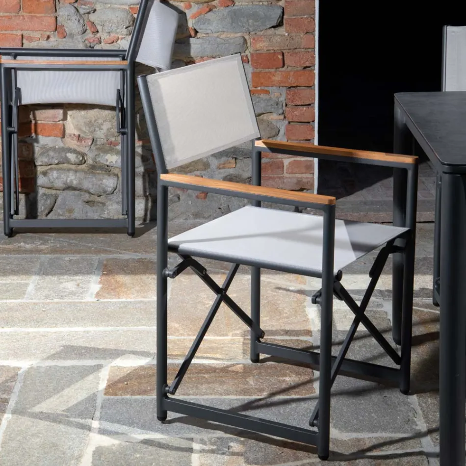 Fauteuil directeur en aluminium, textilène et accoudoir en teck - Tenda Viadurini