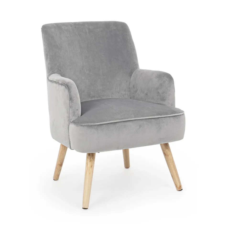 Fauteuil de Salon Effet Bois et Velours Design Scandinave - Cinzio Viadurini