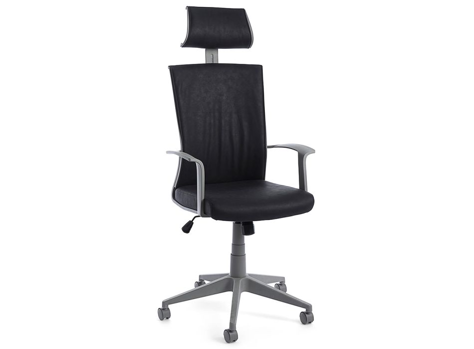 Chaise de bureau en polyester avec roulettes, accoudoirs et appui-tête - Rambey Viadurini