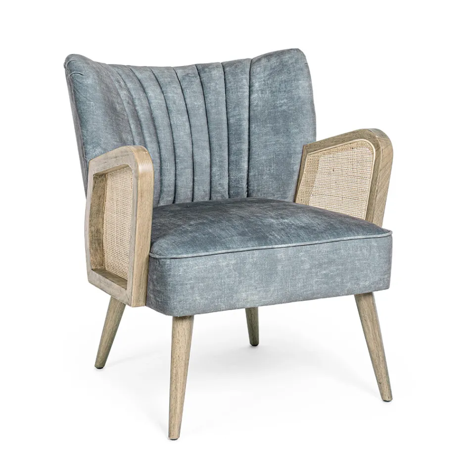 Fauteuil vintage en bois avec accoudoirs en rotin et polyester - Ludovica Viadurini