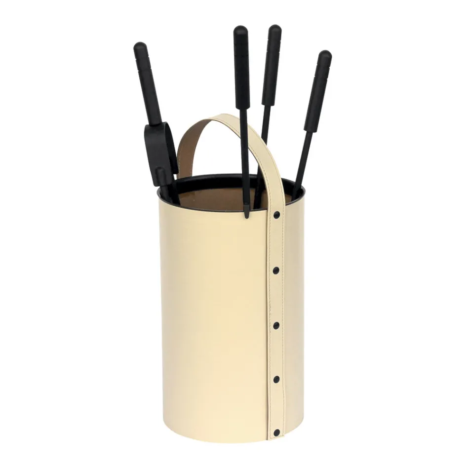 Porte-outils rond en simili cuir avec poignée et 4 accessoires fabriqués en Italie - Pigeon Viadurini