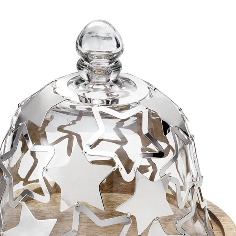 Porte-Gâteau Cloche en Bois et Verre avec Étoiles en Métal Argenté - Ilenia Viadurini