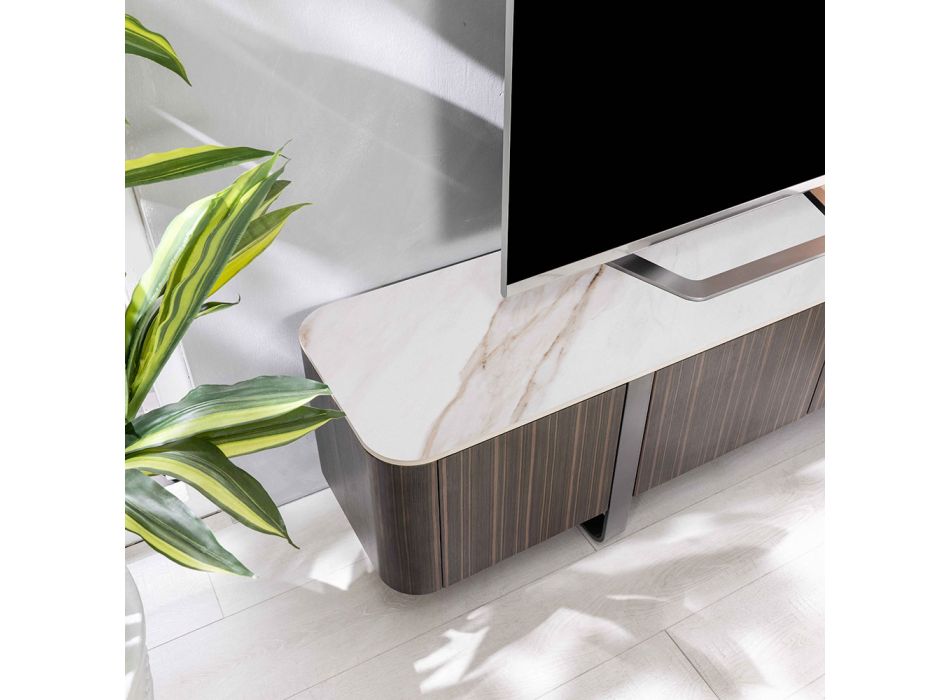 Meuble TV avec plateau en céramique effet marbre Calacatta avec 2 portes et 2 tiroirs - Clak Viadurini