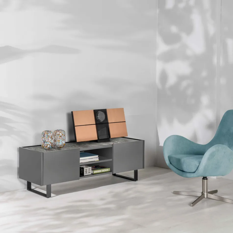 Meuble TV avec Plateau en Céramique Effet Marbre avec 2 Portes et 2 Compartiments Ouverts - Clak Viadurini