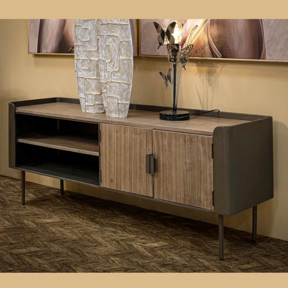 Meuble TV de salon en bois de sapin et fer gris avec 2 portes - Cooper Viadurini