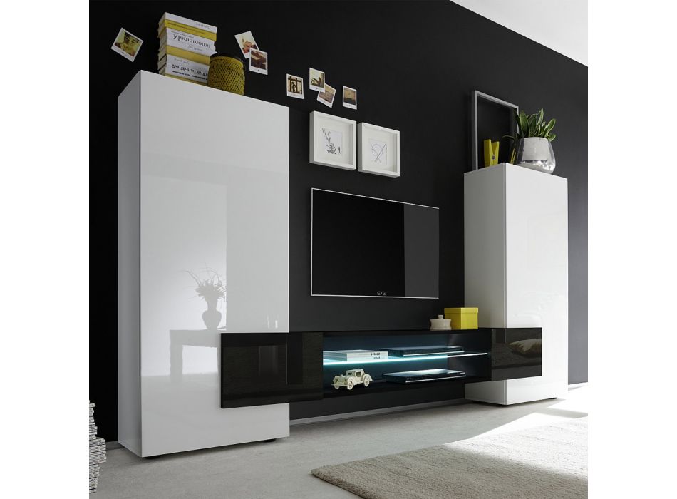 Meuble TV en bois avec portes et étagère lumineuse Made in Italy - Sevesto Viadurini