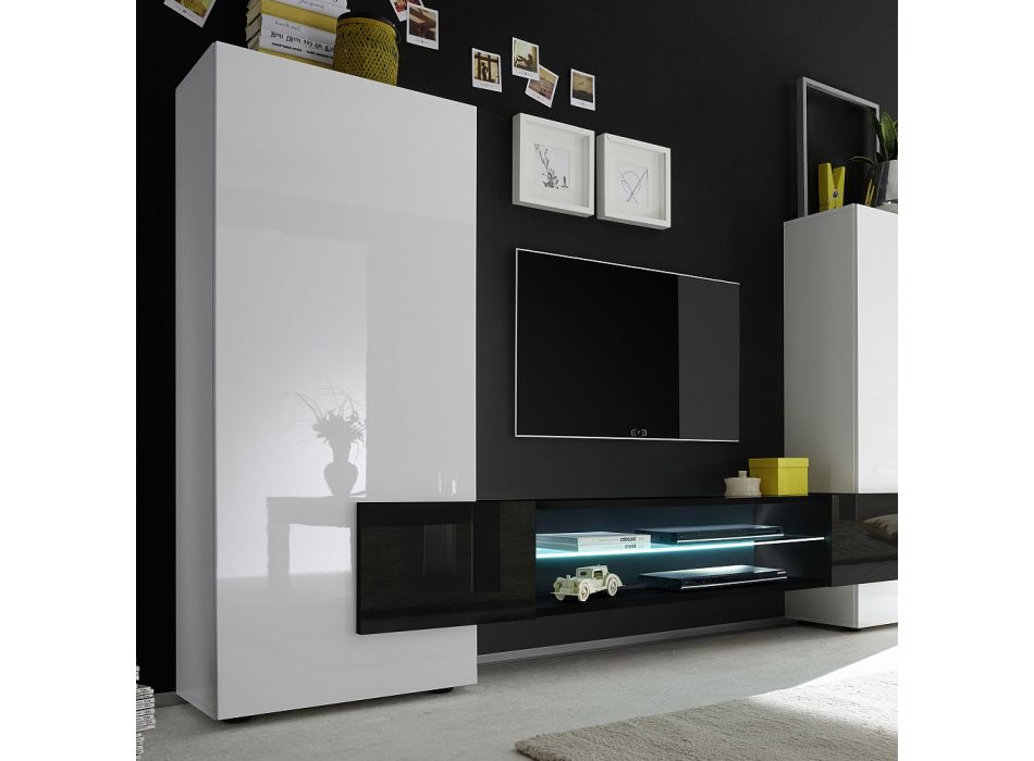 Meuble TV en bois avec portes et étagère lumineuse Made in Italy - Sevesto Viadurini