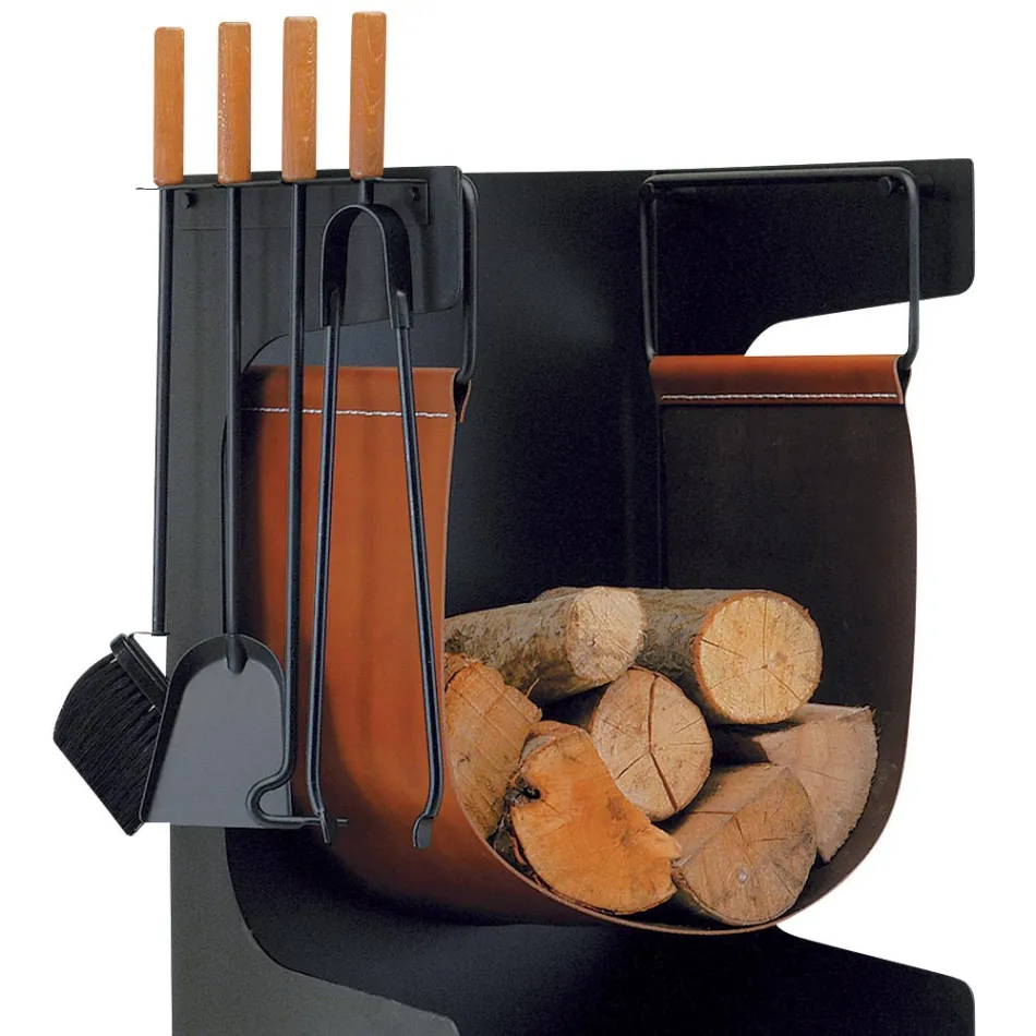 Porte-bois en éco-cuir et métal avec 4 accessoires Made in Italy - Camel Viadurini