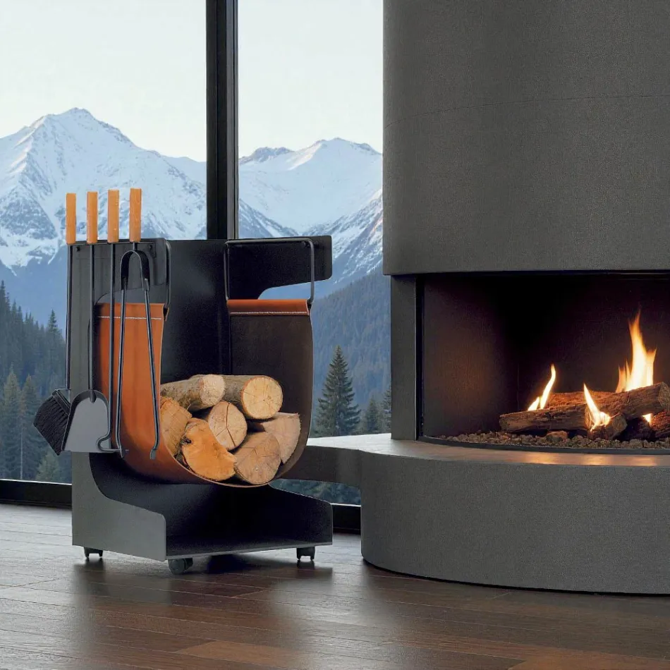 Porte-bois en éco-cuir et métal avec 4 accessoires Made in Italy - Camel Viadurini