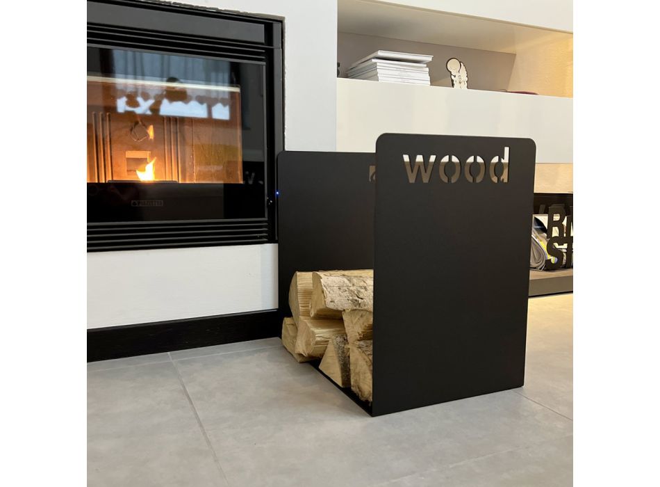 Support bois de chauffage moderne de design minimal en acier noir avec gravure - Altano Viadurini