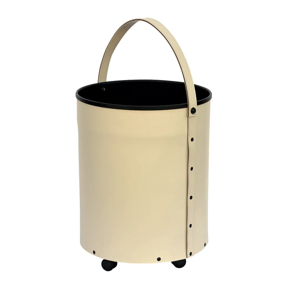 Porte-bûches rond en éco-cuir avec roulettes Made in Italy - Caméléon Viadurini