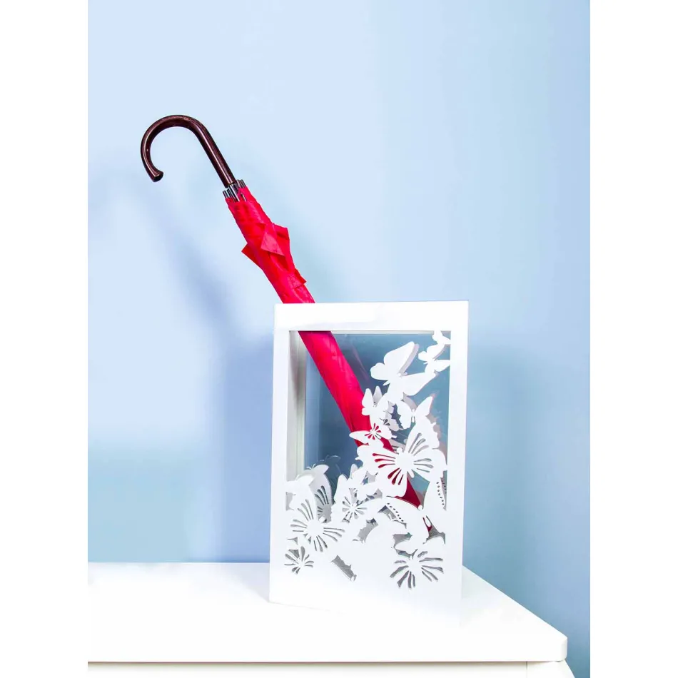 Porte-parapluie en bois blanc au design moderne décoré de papillons - Papilio Viadurini