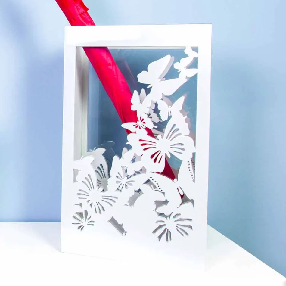Porte-parapluie en bois blanc au design moderne décoré de papillons - Papilio Viadurini