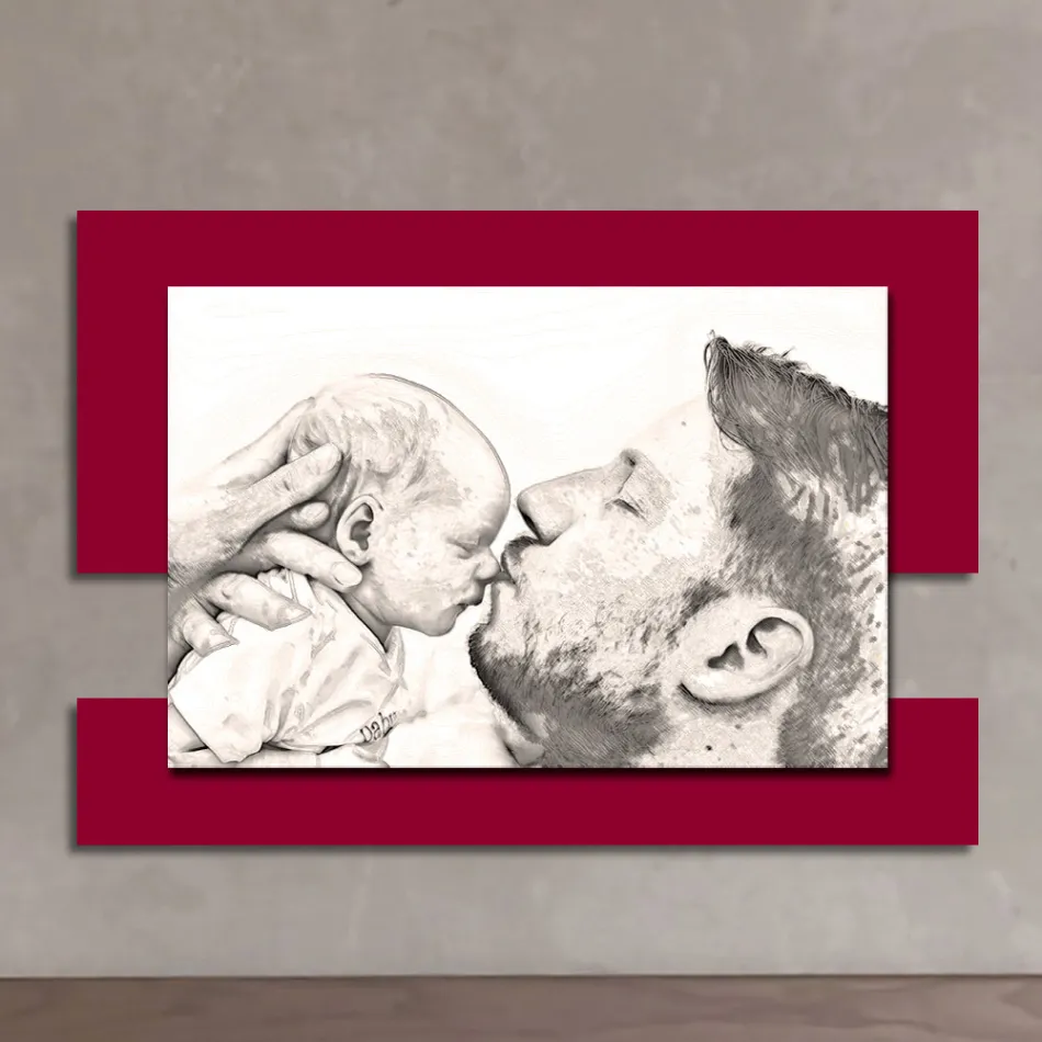 Tableau en bois avec impression d'un homme avec un enfant fabriqué en Italie - Kosovo Viadurini