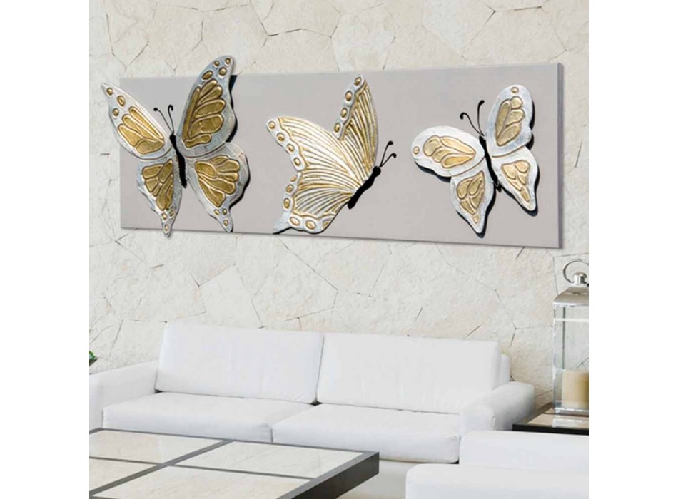 La peinture moderne avec trois papillons en relief décoré à la main Stephen Viadurini