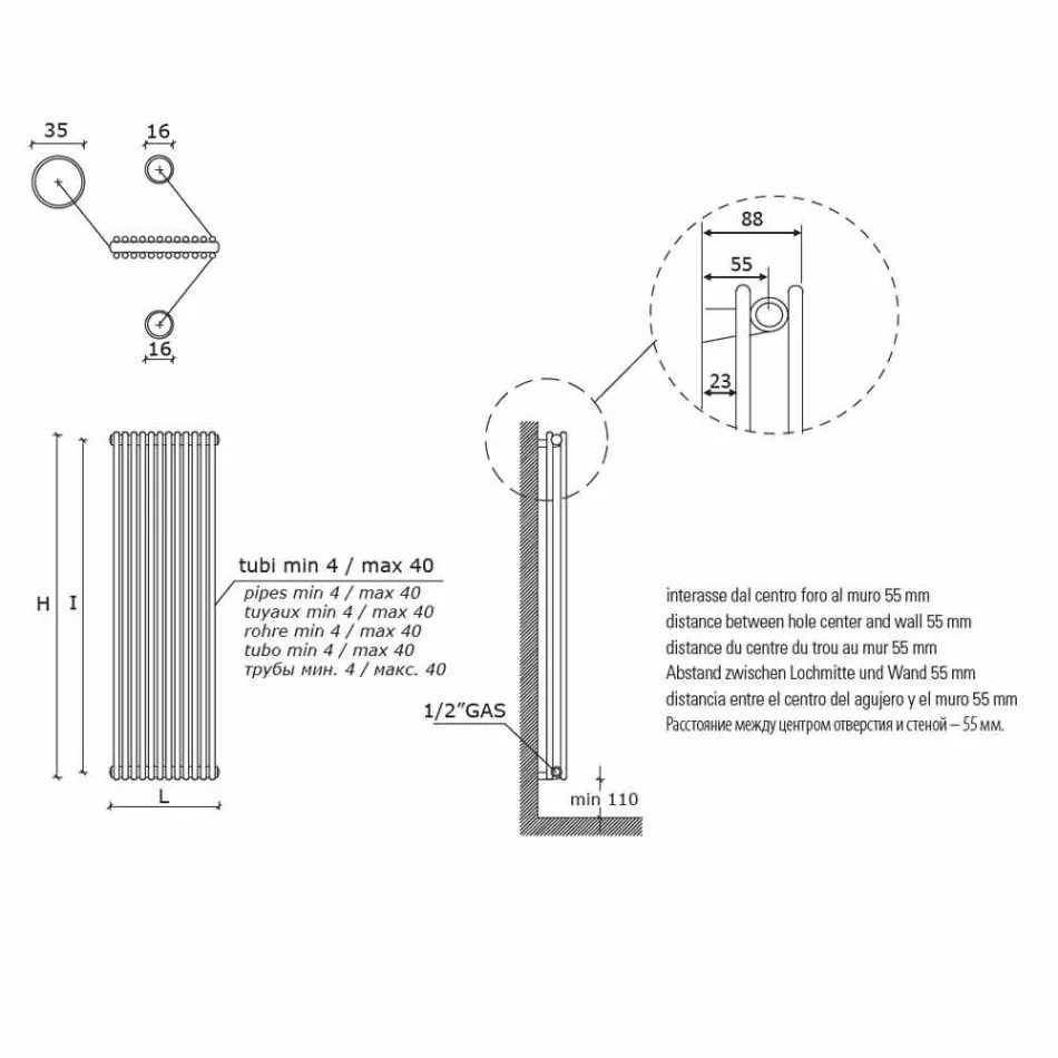 Radiateur hydraulique de mur en acier coloré par double conception 1296 W - Canari Viadurini