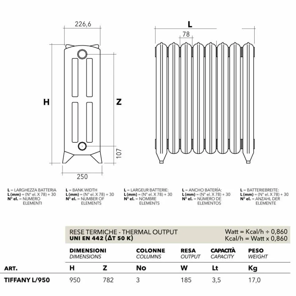 Radiateur hydraulique rétro fonte en 3 colonnes par Tiffany Scirocco H Viadurini