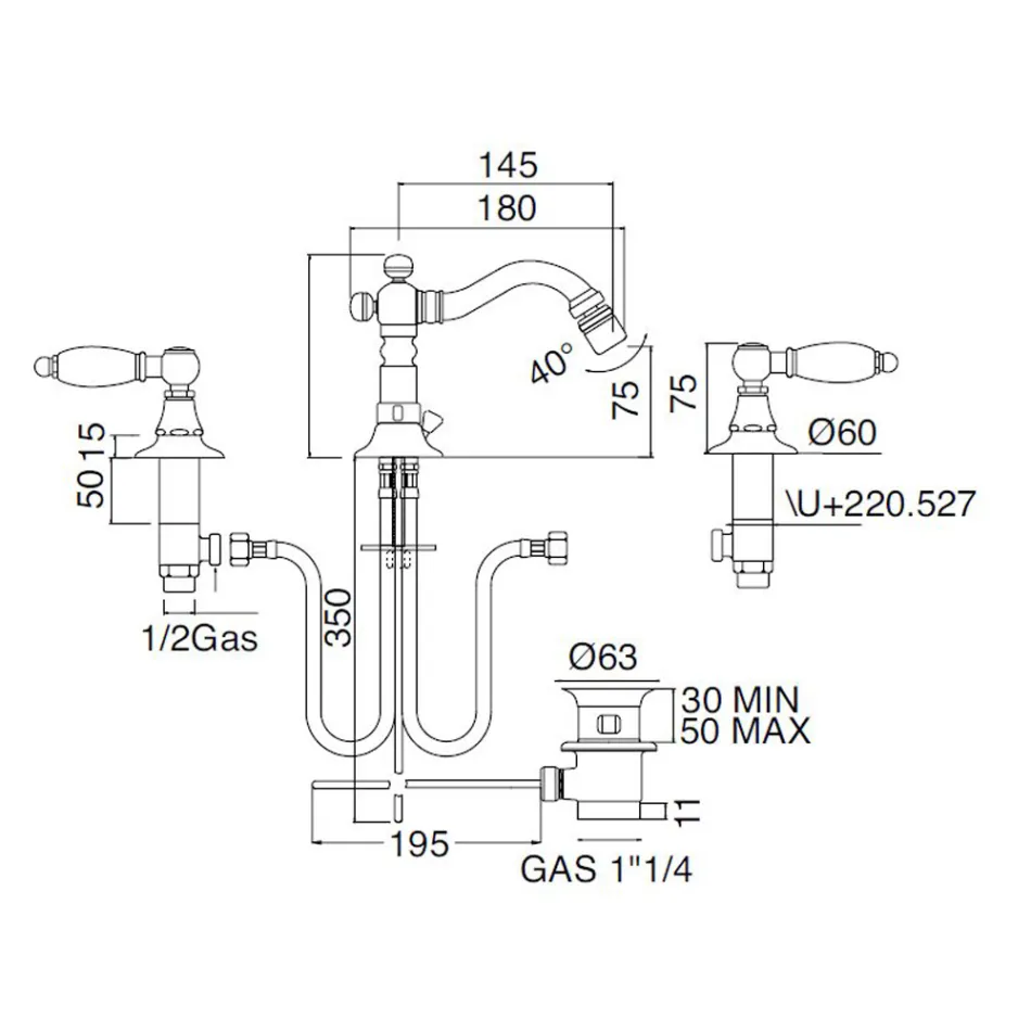Robinet de bidet classique 3 trous avec leviers en laiton fabriqué en Italie - Noriana Viadurini