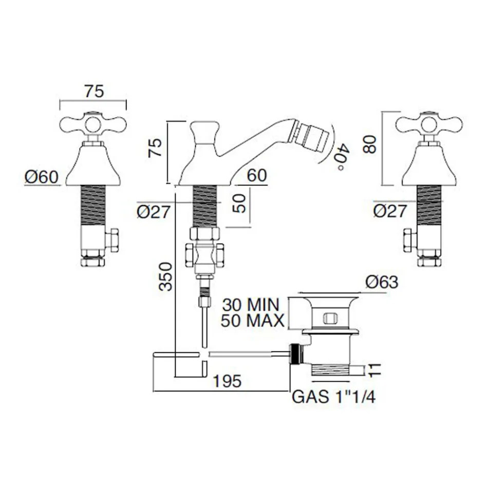 Robinet de bidet classique 3 trous avec vidage en laiton fabriqué en Italie - Ercolina Viadurini
