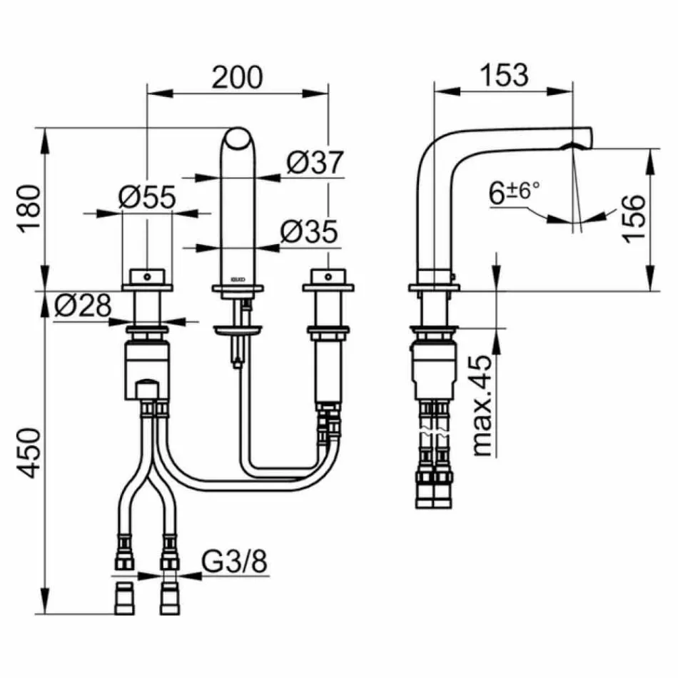 Mélangeur design moderne pour lavabo avec 3 trous métalliques hauteur 15 cm - Pinto Viadurini