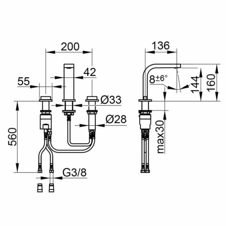 Mélangeur d'évier de salle de bain design moderne avec 3 trous métalliques - Etto Viadurini