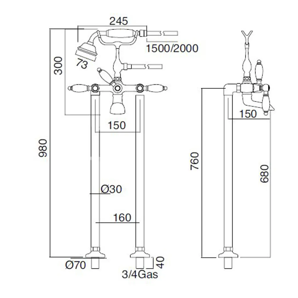 Robinet de baignoire sur pied avec douchette en laiton fabriqué en Italie - Noriana Viadurini