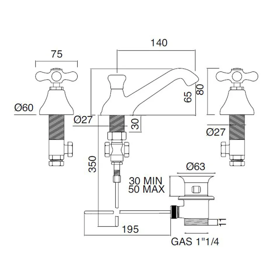 Robinet de Lavabo 3 Trous en Laiton avec Drain de Style Classique - Ercolina Viadurini