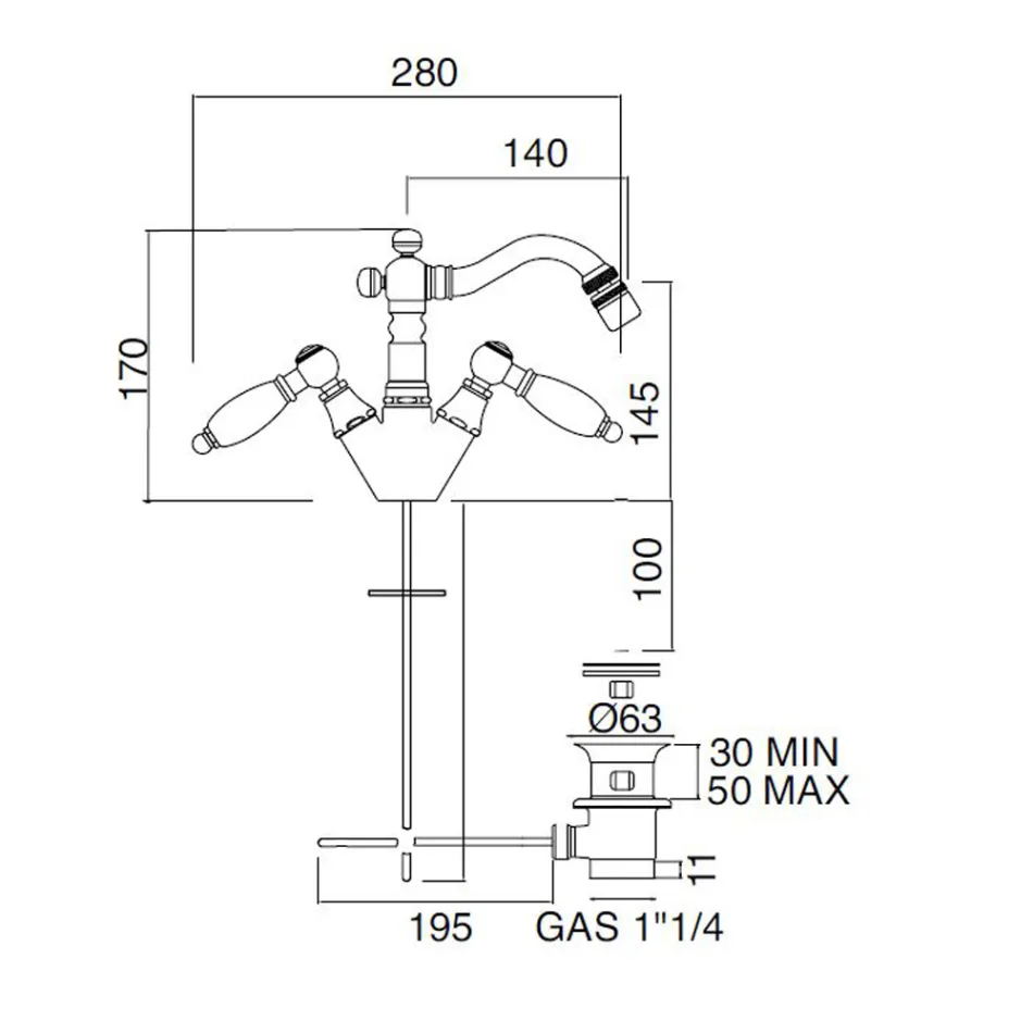 Robinet de bidet monotrou classique avec leviers en laiton fabriqués à la main - Noriana Viadurini