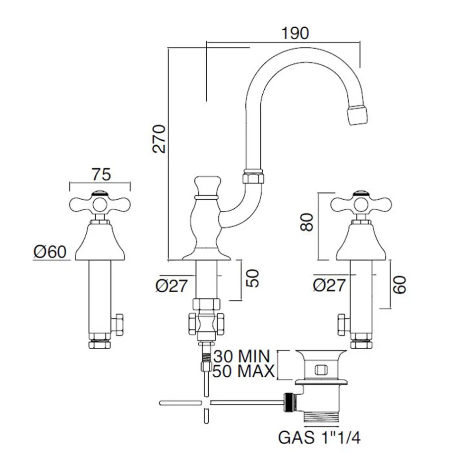 Robinet de lavabo 3 trous en laiton avec bec haut et drain - Ercolina Viadurini