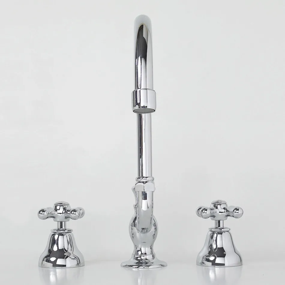 Robinet de lavabo 3 trous en laiton avec bec haut et drain - Ercolina Viadurini