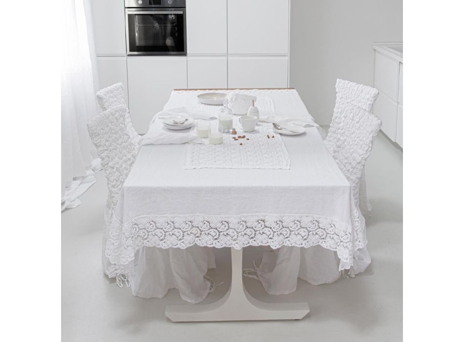Chemin de table blanc en broderie de dentelle au crochet et bord en coton mélangé - Giangi Viadurini