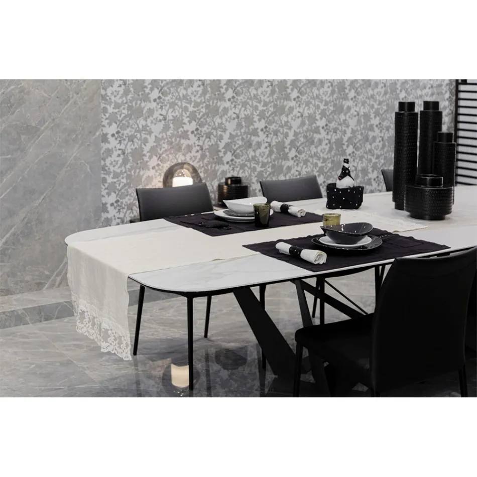 Chemin de table en lin avec dentelle blanche qualité de luxe italienne - Farnèse Viadurini