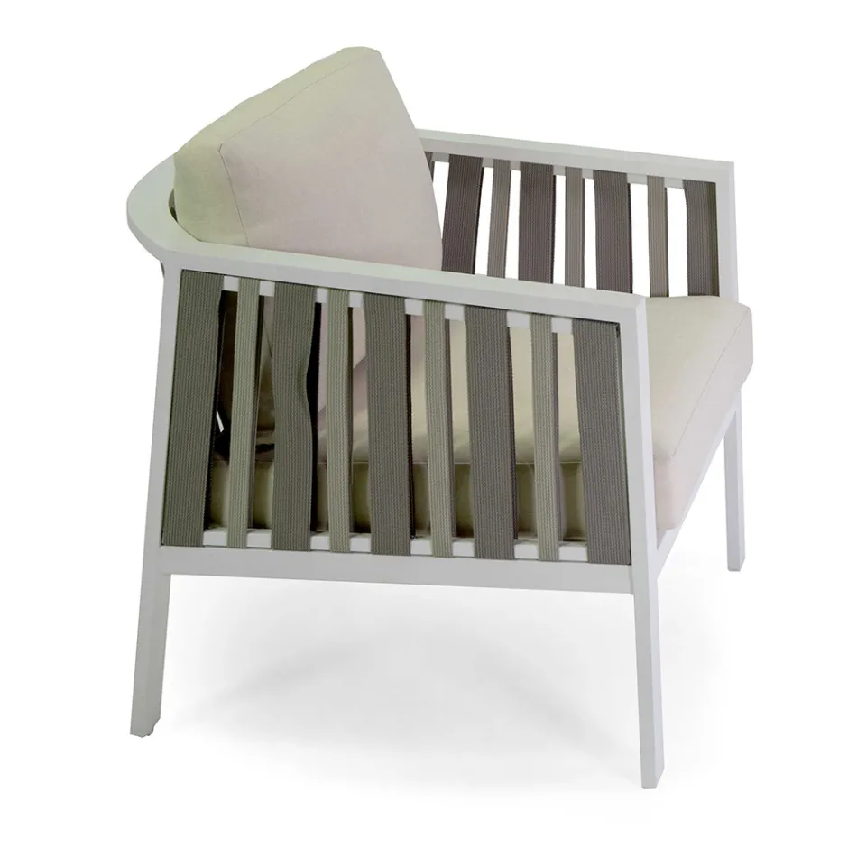 Salon d'extérieur en aluminium blanc et coussins crème - Relaz Viadurini