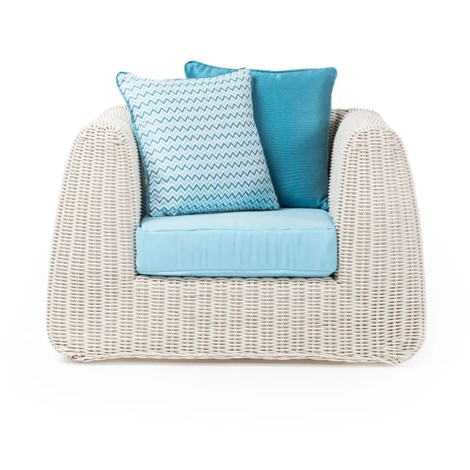 Salon d'extérieur en polyrotin et coussins bleus - Charlie Viadurini