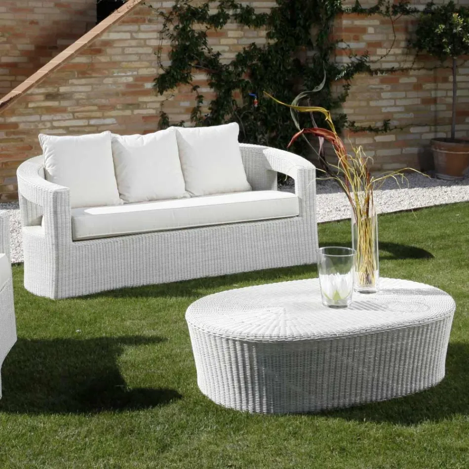Salon de jardin en polyrotin et coussins blancs de marque REHAU - Charmix Viadurini