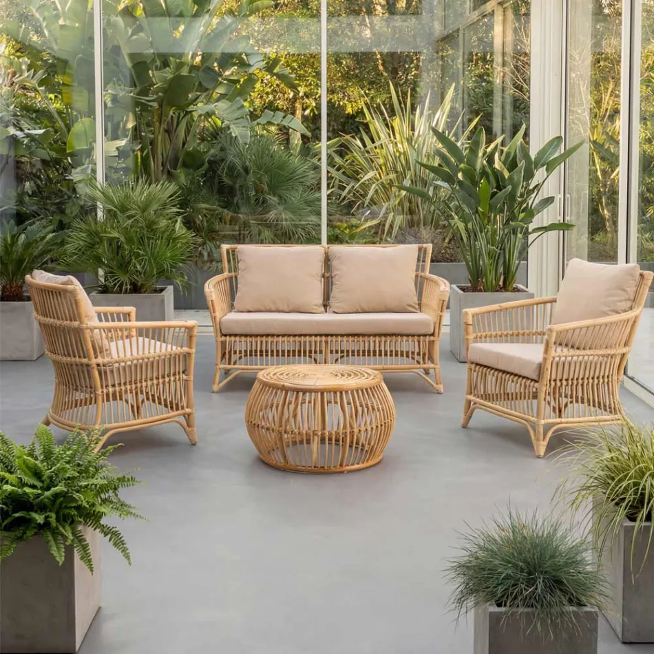 Salon d'extérieur en rotin naturel avec coussins - Bellaria Viadurini