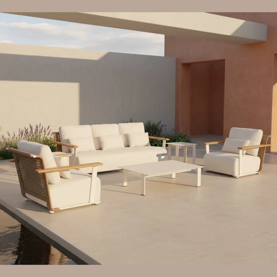 Salon de jardin avec canapé, 2 fauteuils et table basse - Montorio Viadurini