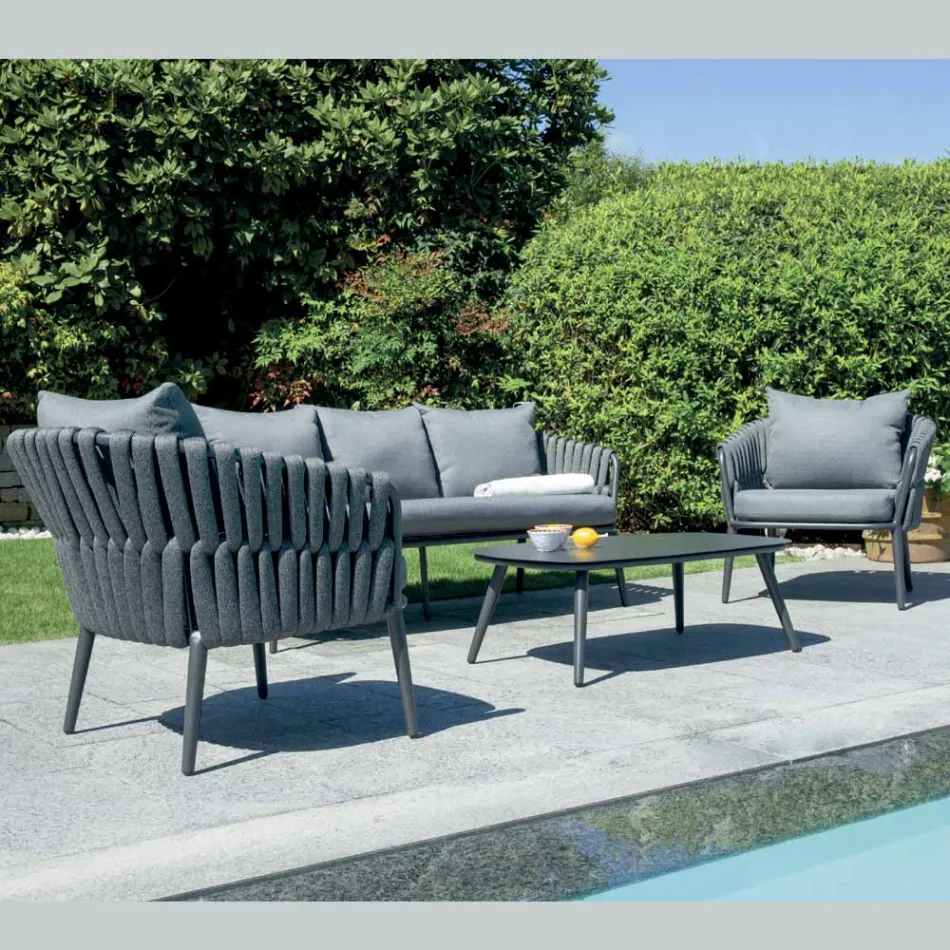 Ensemble de salon de jardin Narin en aluminium et corde rembourrée avec coussins Viadurini