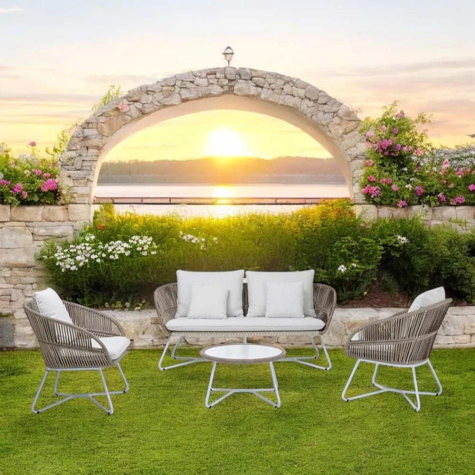 Salon de jardin en aluminium et tissage de corde - Alcor Viadurini